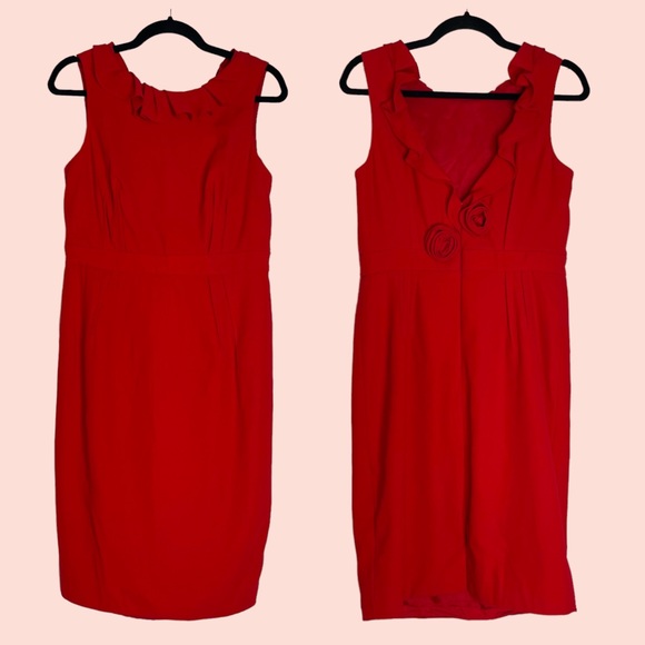 Carmen Marc Valvo Collection Red Ruffle Rosette Sheath Dress - Picture 4 of 11